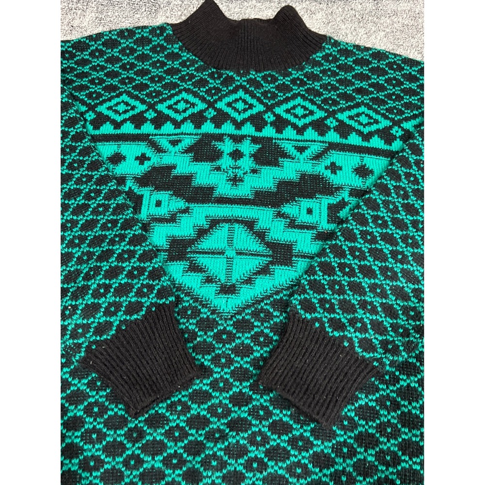 Vintage Beldoch Popper Sweater Teal Black Geometric Southwestern Mock Neck USA